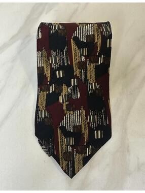 Vintage XMI burgundy/multicolored abstract geometric silk necktie